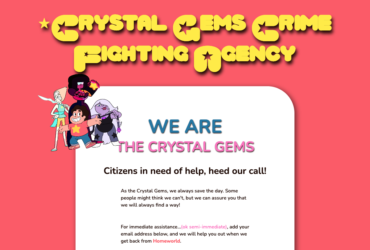 Screenshot of website for Crystal Gems