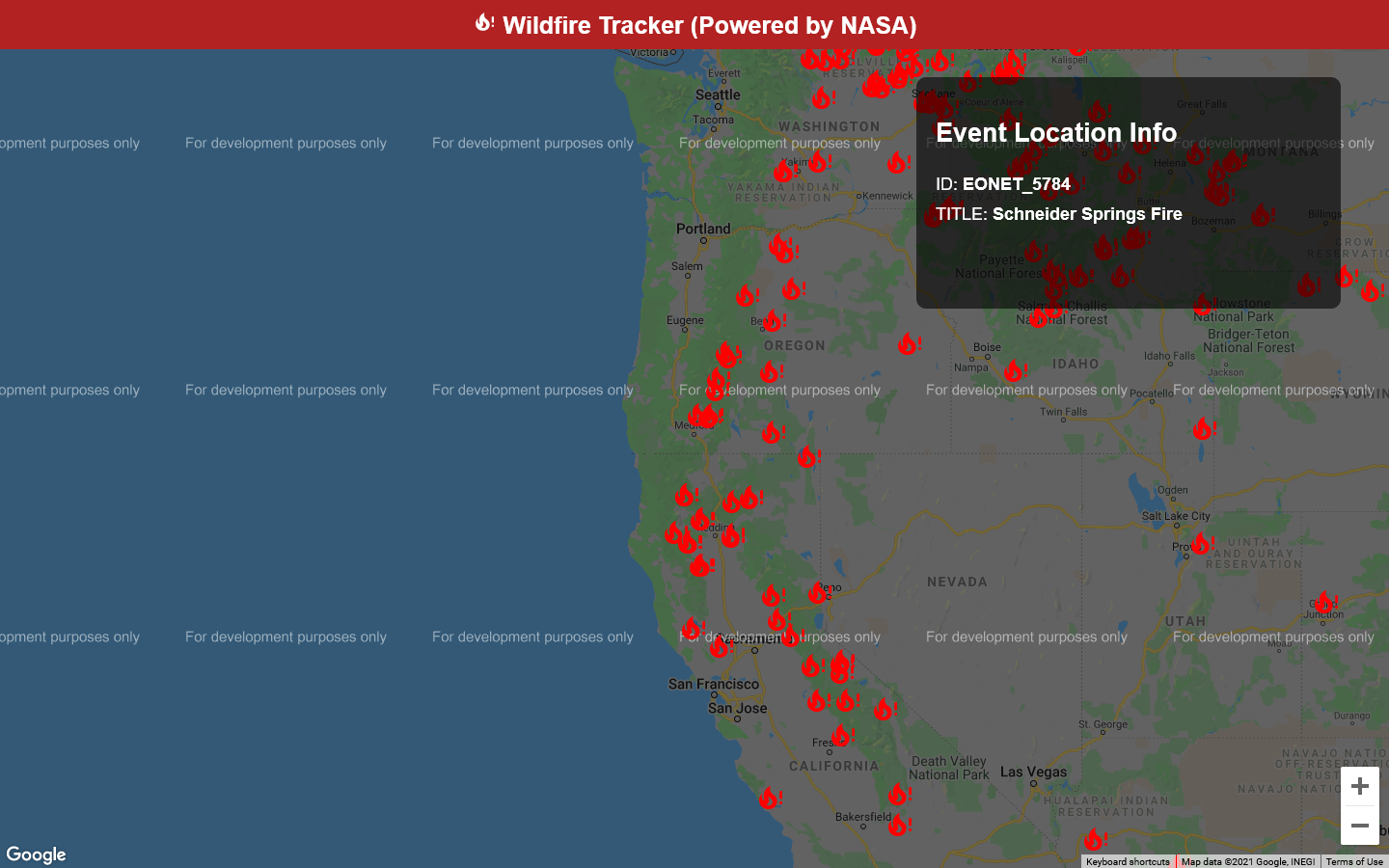 Screenshot of a webapp for wildfires around Earth